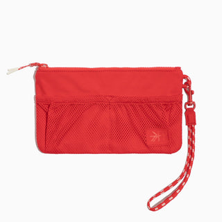 Red wristlet with a strap on a white background