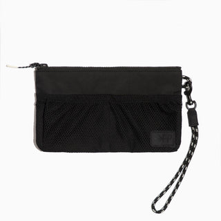 Black wristlet with a strap on a white background