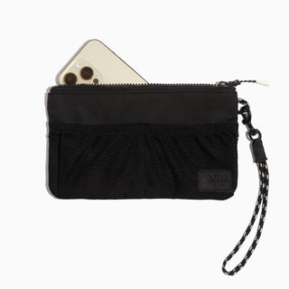 Black zippered pouch with a phone inside on a white background