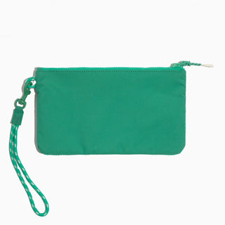 Green wristlet with a strap on a white background