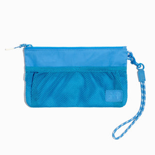 Blue pouch with mesh pocket and wrist strap on a white background