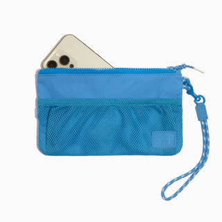 Blue pouch with a phone inside on a white background