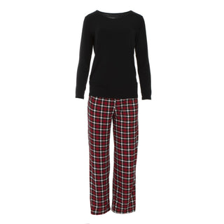 Long Sleeve Relaxed Tee & Pant Set in Crimson Holiday Plaid