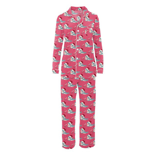 Women's Print Long Sleeve Collared Pajama Set in Winter Rose Holiday Sharks