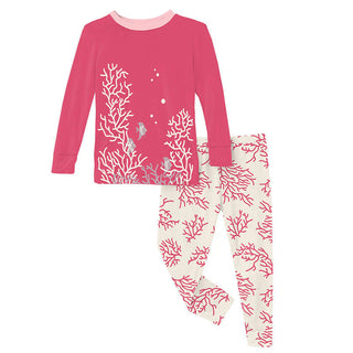 Print Bamboo Long Sleeve Graphic Tee Pajama Set Natural Coral