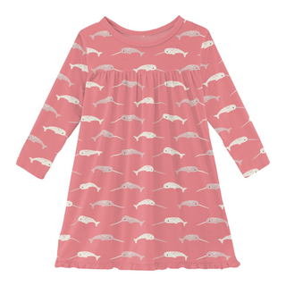 Print Classic Long Sleeve Swing Dress: Strawberry Narwhal