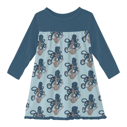 Print Classic Long Sleeve Swing Dress: Spring Sky Octopus Anchor