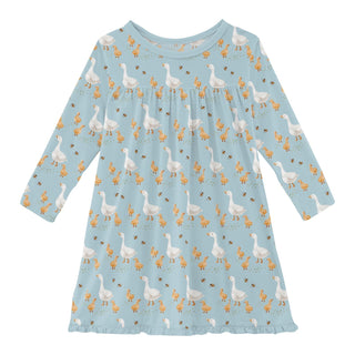 Long Sleeve Swing Dress in Spring Sky Feeding Ducks