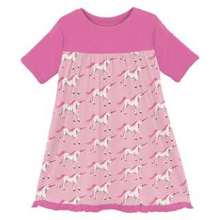 Bamboo Print Short Sleeve Swing Dress: Cake Pop Prancing Unicorn