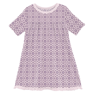 Print Classic Short Sleeve Swing Dress Lavender Flower Lattice