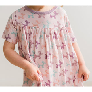 Short Sleeve Swing Dress in Shrinking Violet Balloon Dogs