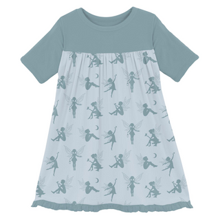 Print Short Sleeve Swing Dress in Illusion Blue Forest Fairies 3T Print Short Sleeve Swing Dress in Illusion Blue Forest Fairies 3T