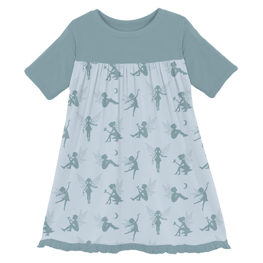 Print Classic Short Sleeve Swing Dress: Illusion Blue Forest Fairies