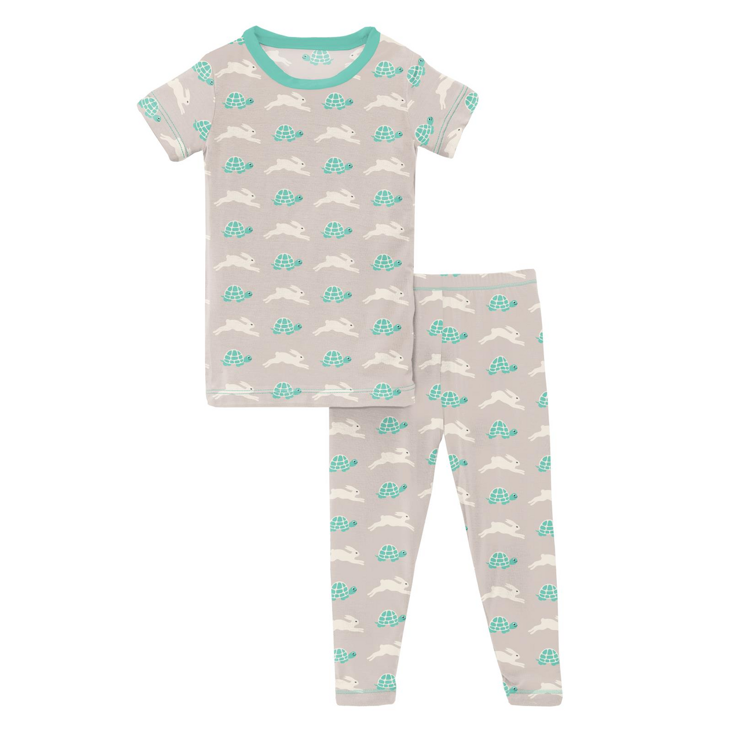 Bamboo Print Short Sleeve Pajama Set: Latte Tortoise and Hare