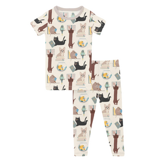 Print Short Sleeve Pajama Set Natural Books & Pets