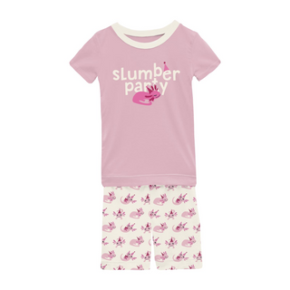 Short Sleeve Graphic Tee Bamboo Pajama Set with Shorts: Natural Axolotl Party