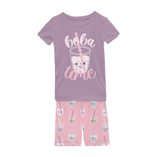 Short Sleeve Graphic Tee Pajama Set with Shorts Cake Pop Boba