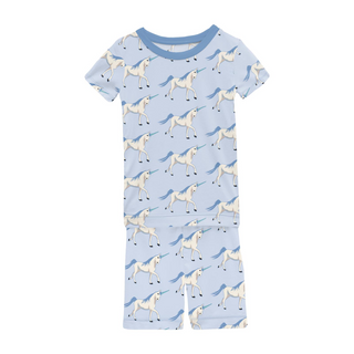 Bamboo Print Short Sleeve Pajama Set with Shorts: Dew Prancing Unicorns