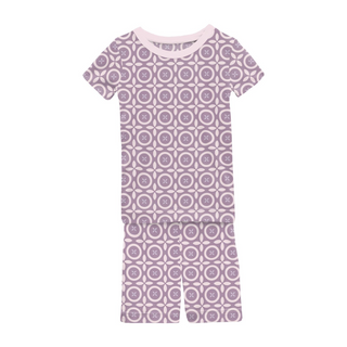 Print Short Sleeve Pajama Set with Shorts Lavender Flower Lattice