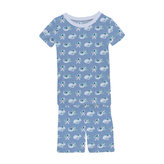 Short Sleeve Bamboo Pajama Set with Shorts: Dream Blue Axolotl Party