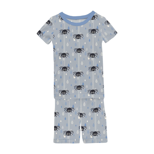 Short Sleeve Bamboo Pajama Set with Shorts: Pearl Blue Itsy Bitsy Spider