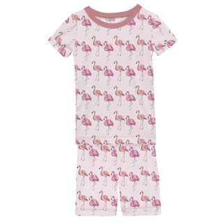 Short Sleeve Pajama Set with Shorts in Shrinking Violet Flamingo