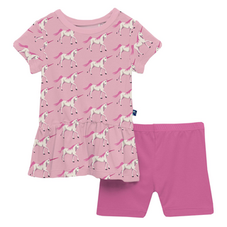 Bamboo Print Short Sleeve Playtime Outfit Set: Cake Pop Prancing Unicorn