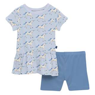 Bamboo Print Short Sleeve Playtime Outfit Set: Dew Prancing Unicorns