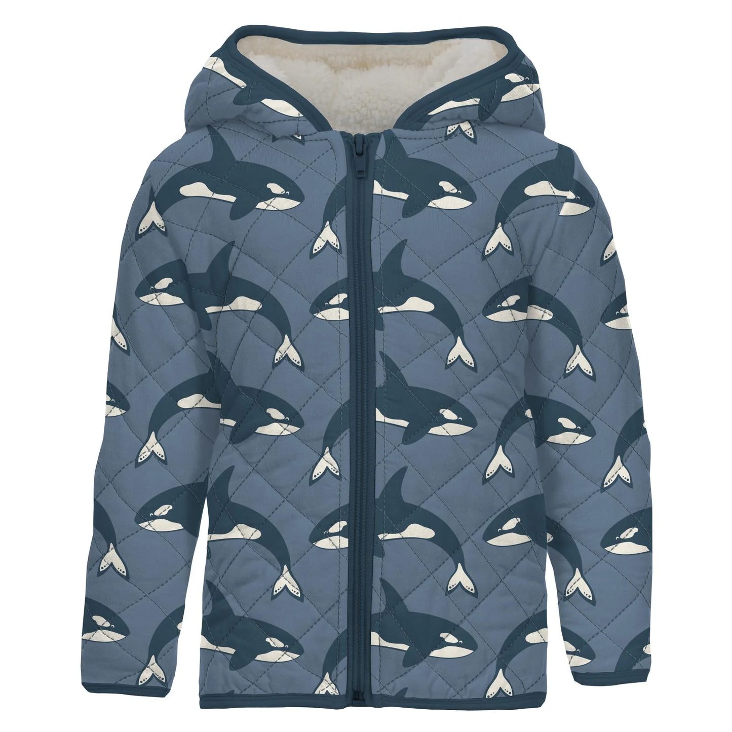 Bamboo Print Quilted Jacket with Sherpa-Lined Hood: Parisian Blue Orca/Dino Stripe