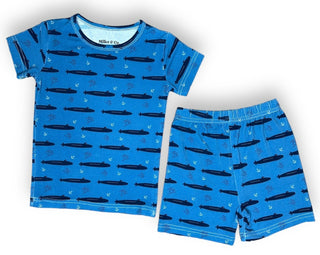 Bamboo Two Piece Short Sleeve & Shorts Pajama Set in Navy Submarine