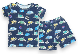 Bamboo Two Piece Short Sleeve & Shorts Pajama Set in Semi Trucks