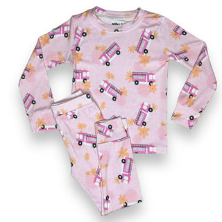 Bamboo Two Piece Pajama Set in Pink Fire Trucks