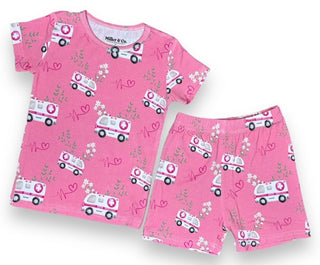 Bamboo Two Piece Short Sleeve & Shorts Pajama Set in Pink EMS