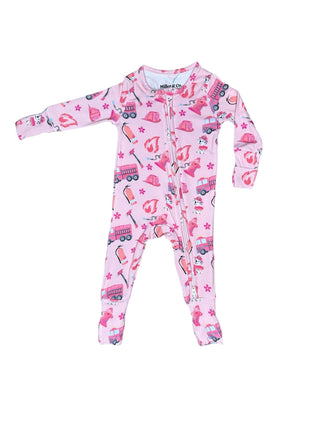 Bamboo Convertible Footie with 2-Way Zipper in Pink Firefighter