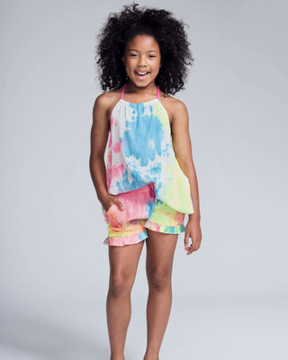 Pink & Blue Tie Dye Natalie Shorts – Girls Ruffle Summer Shorts with Adjustable Drawstring