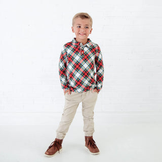 Long Sleeve Bamboo Polo Shirt Set – Prancer’s Plaid Holiday Duo