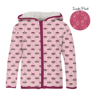 Bamboo Print Quilted Jacket with Sherpa-Lined Hood: Lotus Pies/Winter Rose Birdcage