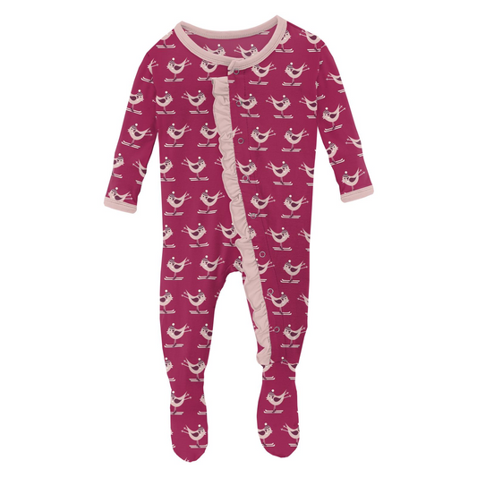 Kickee Pants Print Classic Ruffle Footie with Snaps: Berry Ski Birds