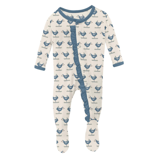 Print Classic Ruffle Footie with Snaps: Natural Ski Birds
