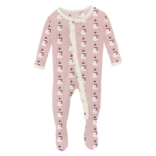 Kickee Pants Print Classic Ruffle Footie with Snaps: Baby Rose Tiny Snowman