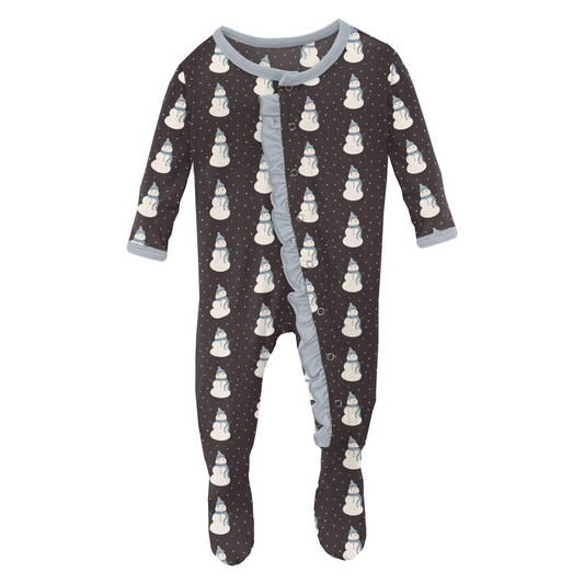 Print Classic Ruffle Footie with Snaps: Midnight Tiny Snowman