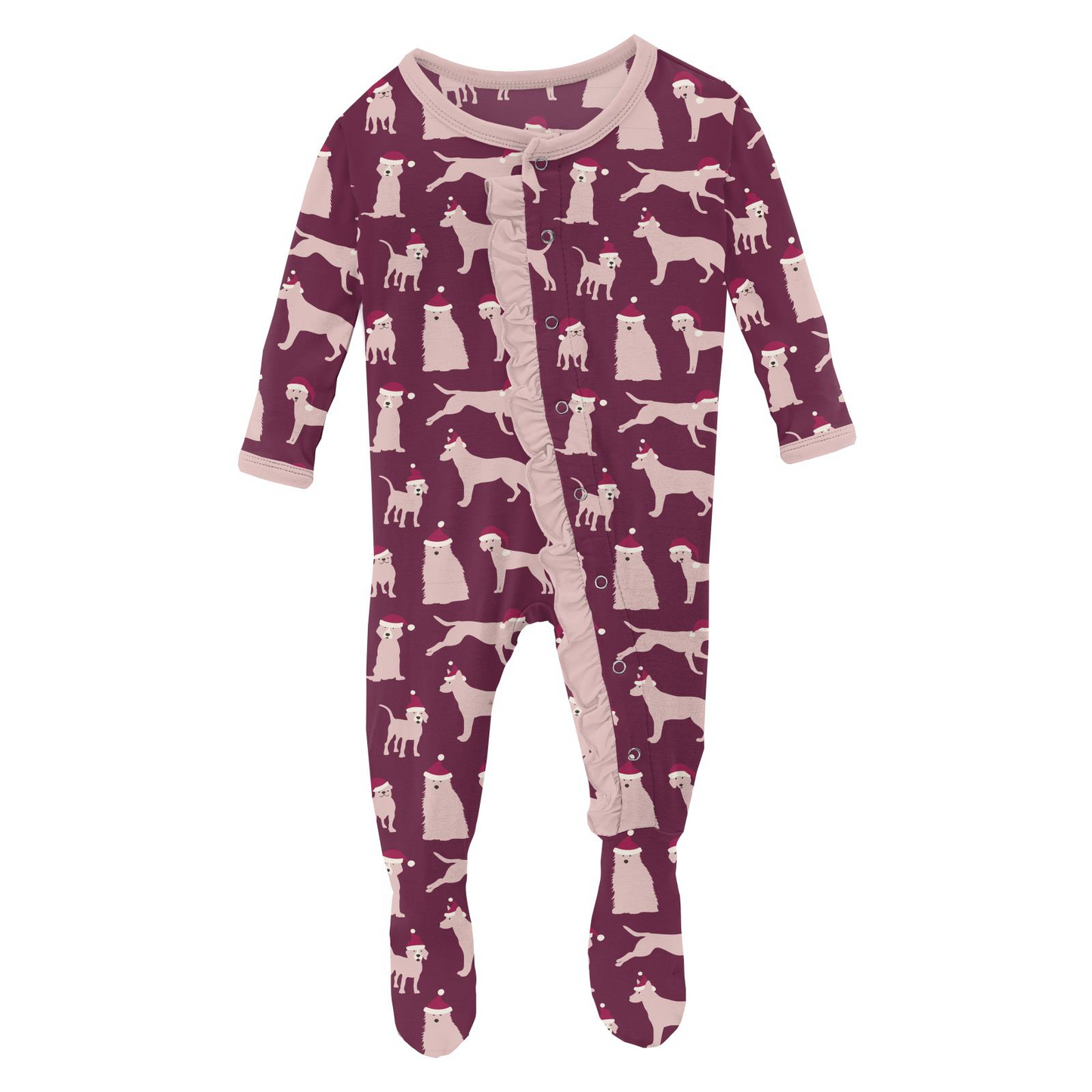 Kickee Pants Print Classic Ruffle Footie with Snaps: Melody Santa Dogs