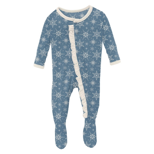 Print Classic Ruffle Footie with Snaps: Parisian Blue Snowflakes