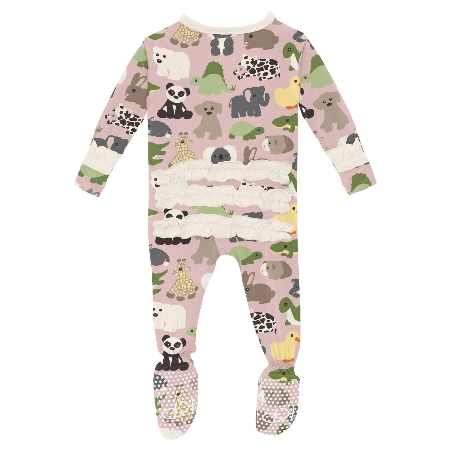 Kickee Pants Print Classic Ruffle Footie with Snaps: Baby Rose Too Many Stuffies