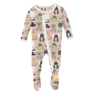 Print Classic Ruffle Footie with Snaps: Baby Rose Too Many Stuffies