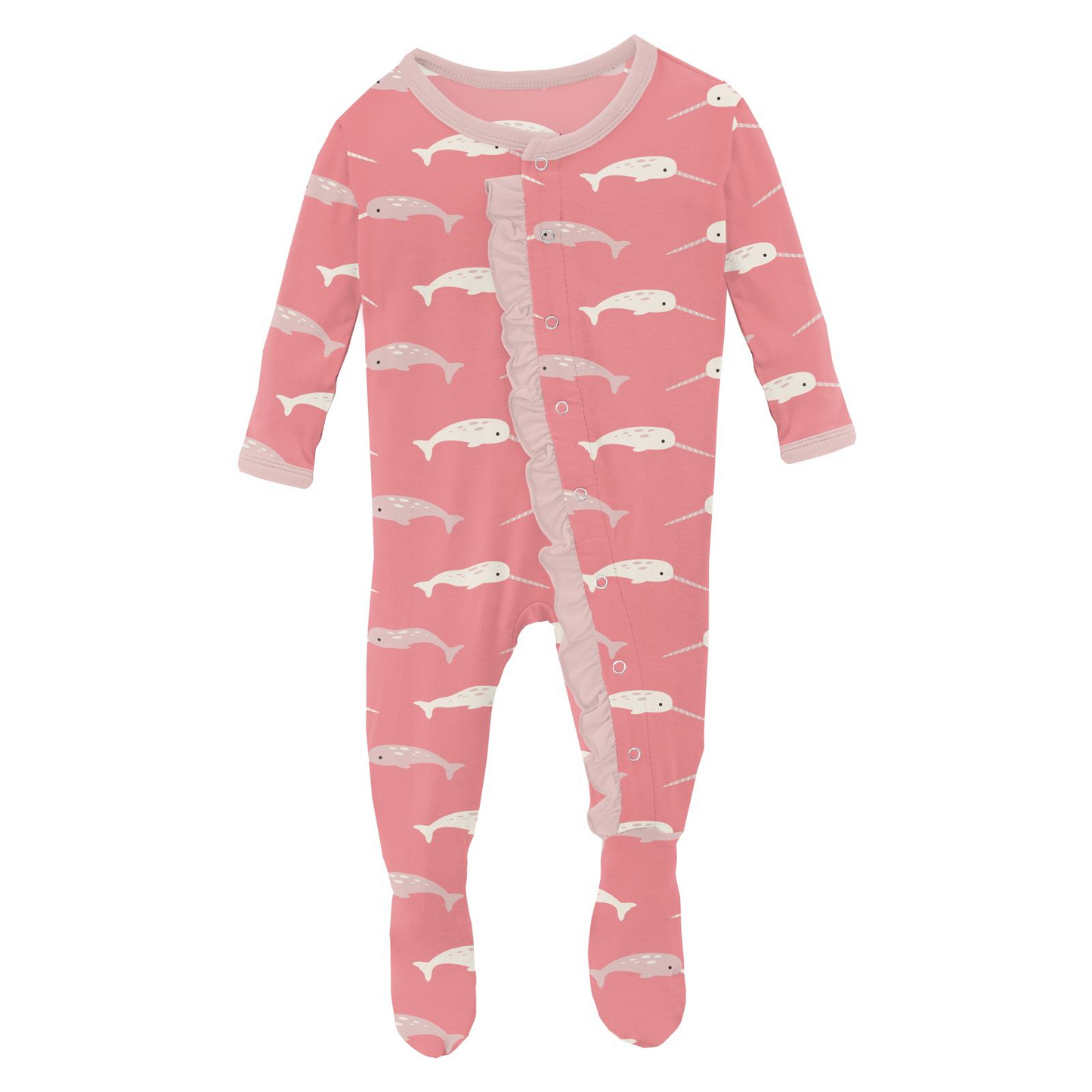 Kickee Pants Print Classic Ruffle Footie with Snaps: Strawberry Narwhal