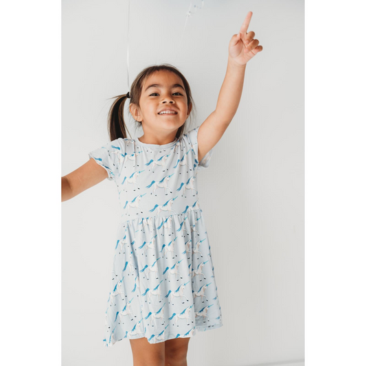 Bamboo Flutter Sleeve Twirl Dress with Pockets: Dew Prancing Unicorns