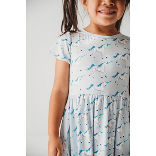 Bamboo Flutter Sleeve Twirl Dress with Pockets: Dew Prancing Unicorns