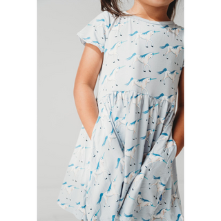 Bamboo Flutter Sleeve Twirl Dress with Pockets: Dew Prancing Unicorns