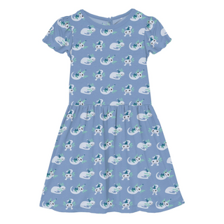 Bamboo Flutter Sleeve Twirl Dress with Pockets: Dream Blue Axolotl Party